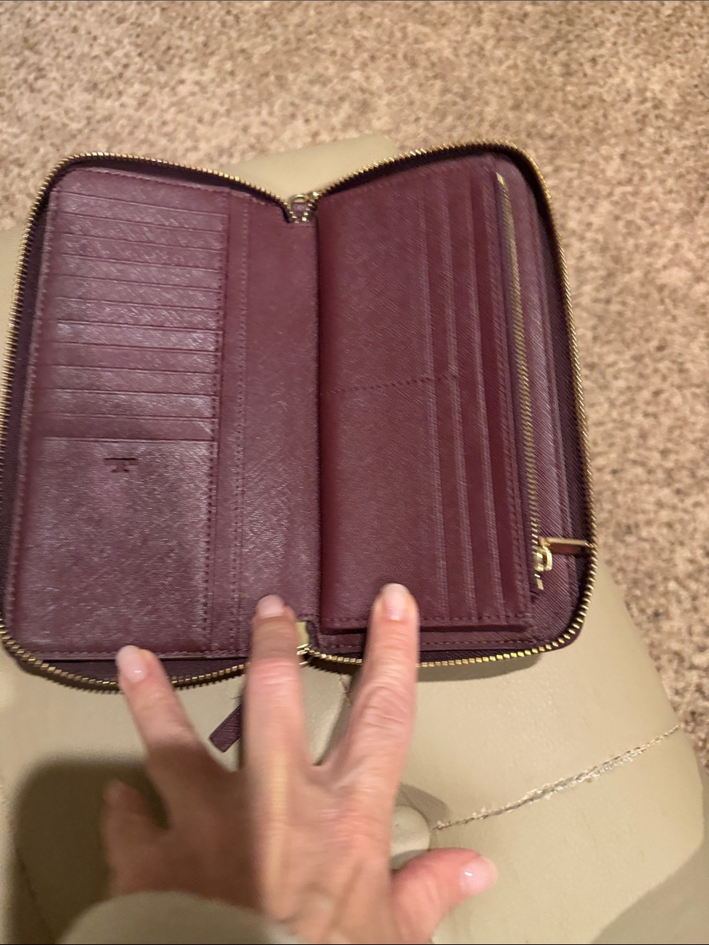 Tory Burch Plum Saffiano Zip Wristlet with Gold Logo - Picture 5 of 7